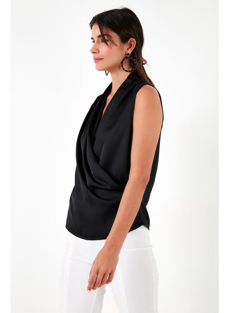 Lela Double Breasted Collar Sleeveless Satin Blouse Women's Blouse 611BZ0341 - Image 2